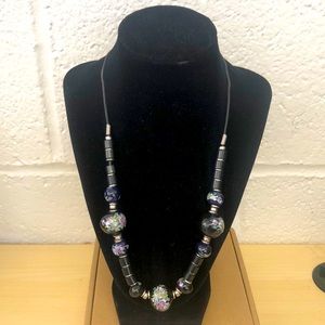 Vintage hand painted bold black glass beaded leather strand necklace: sold